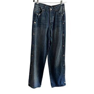 AiiRZ Women 27 Blue Denim Y2K 90s Casual High Rise Side Snap Wide Leg Jeans